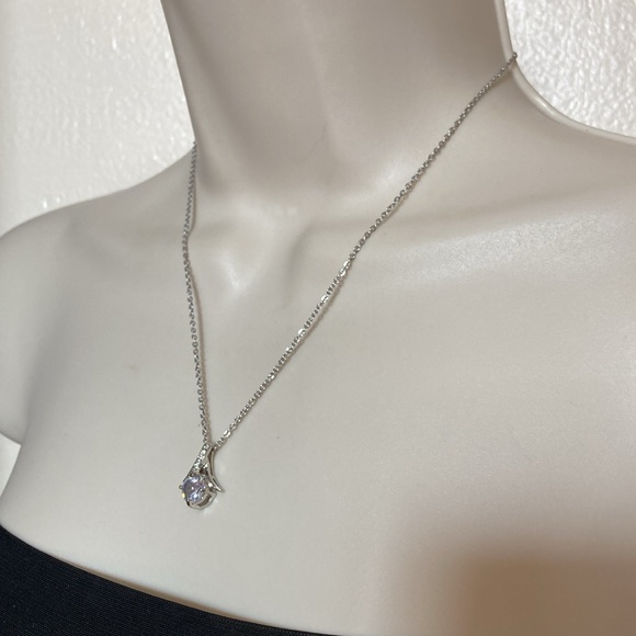 Dainty CZ Crystal Pendant Silver Tone Statement Necklace Chic - Picture 5 of 7